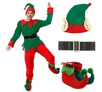 Ladies Elf Costume - Womens Cheeky Elf Christmas Fancy Dress- Green Top + Red Trousers + Belt + Elf Hat With Ears + Deluxe Pom Pom Elf Shoes