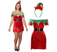 LADIES ELF DRESS FANCY DRESS COSTUME + MINI ELF HAT ON HEADBAND SANTAS LITTLE HELPER VELOUR ELF SKATER DRESS SEXY XMAS OUTFIT AVAILABLE IN 5 SIZES