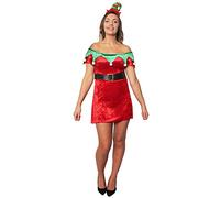 Ladies Elf Dress Fancy Dress Costume - Velour Santa’s Little Helper Skater Dress with Mini Elf Hat Headband - Womens Sexy Xmas Outfit for Women, Perfect for Christmas Parties & Festive Events