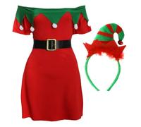Ladies Elf Dress - Womens Off the Shoulder Red & Green Skater Dress With Mini Red & Green Elf Hat on Headband - Adults Ladies Santas Little Helper Santas Grotto Fancy Dress Costume
