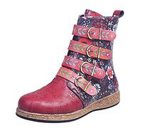 Ladies Embroidered Boots Vintage Floral Pattern Ankle Boots Round Toe Flat Short Shoes Bohemian Colorful Walking Boot Cowboy Shoe Faux Leather Buckle Belt Mid Calf Casual Footwear Outdoor