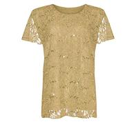 Ladies Evening Party Short Sleeve Sequined Top Floral Lace Round Neck Shirt Womens Summer Fashion Top Gold UK 12-14