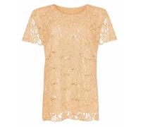 Ladies Evening Party Short Sleeve Sequined Top Floral Lace Round Neck Shirt Womens Summer Fashion Top Peach UK 16-18