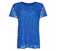 Ladies Evening Party Short Sleeve Sequined Top Floral Lace Round Neck Shirt Womens Summer Fashion Top Blue UK 16-18