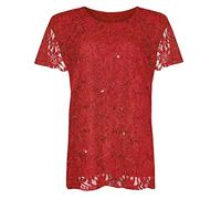 Ladies Evening Party Short Sleeve Sequined Top Floral Lace Round Neck Shirt Womens Summer Fashion Top Red UK 16-18