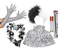 Ladies Evil Dog Costume Set - Crimped Wig, Dalmatian Cape, Feather Boa, Dalmatian Gloves, Cigarette Holder, Fake Cigarettes - Adults World Book Day Fancy Dress Set