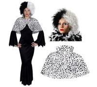 Ladies Evil Dog Lady Costume - Medium - Long Black Dress, Half-Black Half-White Crimped Wig, Dalmatian Print Cape - Adults Womens School Book Week World Book Day Fancy Dress Costume