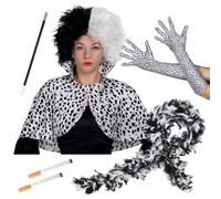 Ladies Evil Dog Villain Accessory Set - XLarge - Black & White Wig, Dalmatian Print Cape, Red Feather Boa, Spotted Gloves, Cigarette Holder & Fake Cigarettes - Storybook Character Fancy Dress