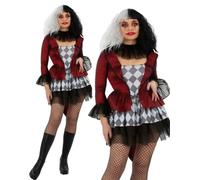 Ladies Evil Jester Costume Adults Halloween Fancy Dress Scary Clown Burlesque