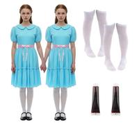 Ladies Evil Twin Sisters Costume Set - Small + Medium - Blue Dresses, White Stockings and Fake Blood - Perfect For Movie Character Dress Up And Halloween Fancy Dress
