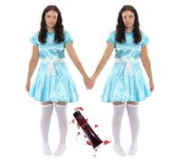 Ladies Evil Twin Sisters Costume Set - XLarge + XLarge - 2X Blue Dresses, 2X Pairs Of White Stockings, 2X White Belts And Fake Blood - Perfect For Movie Character Dress Up And Halloween Fancy Dress