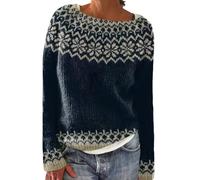 Ladies Fairisle Jumpers Casual Loose Long Sleeve Crew Neck Retro Jacquard Sweater Soft Warm Wool Sweaters Classy Nordic Knitwear Vintage Stylish Christmas Jumpers Plus Size Womens Winter Sweater