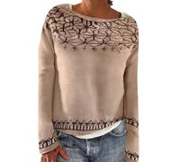 Ladies Fairisle Jumpers Casual Loose Long Sleeve Crew Neck Retro Jacquard Sweater Soft Warm Wool Sweaters Classy Nordic Knitwear Vintage Stylish Christmas Jumpers Plus Size Womens Winter Sweater