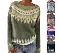 Ladies Fairisle Jumpers Casual Loose Long Sleeve Crew Neck Retro Jacquard Sweater Soft Warm Wool Sweaters Classy Nordic Knitwear Vintage Stylish Christmas Jumpers Plus Size Womens Winter Sweater