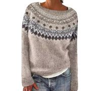 Ladies Fairisle Jumpers Casual Loose Long Sleeve Crew Neck Retro Jacquard Sweater Soft Warm Wool Sweaters Classy Nordic Knitwear Vintage Stylish Christmas Jumpers Plus Size Womens Winter Sweater