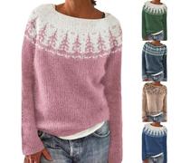 Ladies Fairisle Jumpers Casual Loose Long Sleeve Crew Neck Retro Jacquard Sweater Soft Warm Wool Sweaters Classy Nordic Knitwear Vintage Stylish Christmas Jumpers Plus Size Womens Winter Sweater