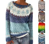 Ladies Fairisle Jumpers Casual Loose Long Sleeve Crew Neck Retro Jacquard Sweater Soft Warm Wool Sweaters Plus Size Womens Winter Sweater Classy Nordic Knitwear Vintage Stylish Christmas Jumpers