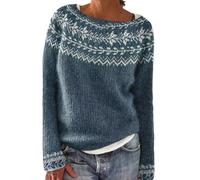 Ladies Fairisle Jumpers Casual Loose Long Sleeve Crew Neck Retro Jacquard Sweater Soft Warm Wool Sweaters Classy Nordic Knitwear Vintage Stylish Christmas Jumpers Plus Size Womens Winter Sweater