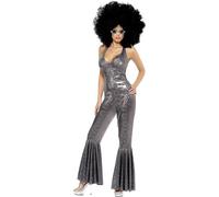 Ladies fancy dress 70's Costume Disco Diva Costume, Silver Flared Jumpsuit