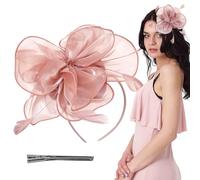 Ladies Fascinator Wedding Hat, Feather Mesh Veil Wedding Bridal Shower Flower Headband Party Hat AscotHair Fascinators for Tea Party,Weddings, Races, Royal Ascot, Hair Piece(Peach Pink)