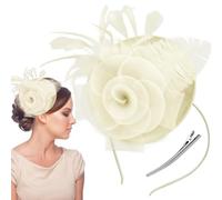 Ladies Fascinator Wedding Hat, Feather Mesh Veil Wedding Bridal Shower Flower Headband Party Hat AscotHair Fascinators for Tea Party,Weddings, Races, Royal Ascot, Hair Piece（Beige）