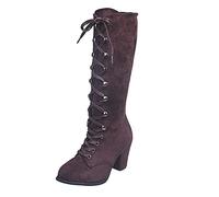 Ladies Fashion Mid Calf Boots Roman Vintage Style Lace Up Long Boots Chunky Heel Comfortable Winter Boots Round Toe Warm Lined Suede Calf Length Gothic Wedges Shoes Non Slip Sole Brown