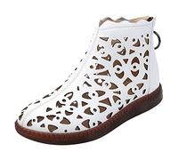 Ladies Fashion Solid Color Leather Hollow Lace Casual Shoes Back Zipper Flat Boots Mes Shoes Size (White, 6)