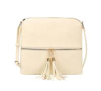 Ladies Fashion Solid Color Leather Large Capacity Adjustable Shoulder Belt Double Zipper Versatile Shoulder Tassels Messenger Bag (Beige, One Size)