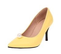 Ladies Fashion Solid Color Leather Pearl Decoration Pointed Toe Thin High Heel Casual Shoes No Slip Heel Insoles (Yellow, 4.5)