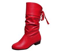 Ladies Fashion Solid Color Pleated Leather Bow Tie Back Thick Heel Medium Boots Womens Extra Wide Calf Boots (Red, 5)