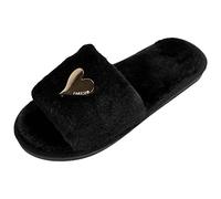 Ladies Fashion Solid Color Short Metal Heart Decoration Open Toe Flat Slippers Slippers-234 Black