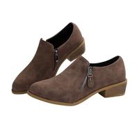 Ladies Fashion Suede Dark Zipper Large Size Shallow Mouth Chunky Heel Pointed Toe Ankle Boots Casual Footwear (Brown, 5)