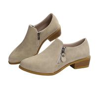 Ladies Fashion Suede Dark Zipper Large Size Shallow Mouth Chunky Heel Pointed Toe Ankle Boots Casual Footwear (Beige, 6.5)