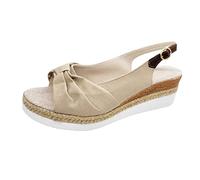 Ladies Fashion Summer Solid Color Fabric Casual Straw Bottom Wedge Buckle Sandals Wedge Sandals for Women Shoes (Beige, 6)