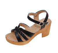Ladies Fashion Summer Solid Knitted Buckle Thick High Heel Sandals Wearable Freedom from Shore to Street