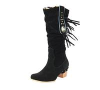 Ladies Fashion Tassel Rhinestone Boots Pointed Toe Chunky High Heel Knee High Boots for Women Stylish Comfortable Winter Footwear (Black, 6)