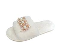 Ladies Fashion Winter Pearl Flower Decoration Open Toe Flat Bottom Slippers Big Slippers for Women Furry Animals (Beige, 5)