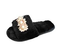 Ladies Fashion Winter Pearl Flower Decoration Open Toe Flat Bottom Slippers Big Slippers for Women Furry Animals (Black, 4)