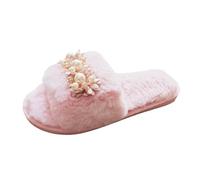 Ladies Fashion Winter Pearl Flower Decoration Open Toe Flat Bottom Slippers Big Slippers for Women Furry Animals (6)