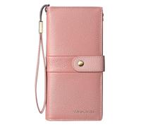Ladies' fashionable leather wallet, 20 card slots, 4 mirror windows, 3 bill slots, zipper snap closure, RFID shielding protection credit card clip, long wallet with wrist strap, Pink, Elegant Style