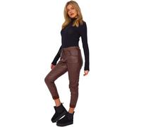 Ladies Faux Leather Look Wet Look P. U. Magic Trousers Joggers Pants Stretchy Italian with Pockets Chocolate Brown