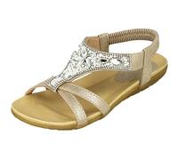 Ladies Faux Leather Open Toe Jewel Diamante Encrusted T Bar Elastic Sling Back Flat Gladiator Summer Sandals Size 4-8 (5 UK, Gold)