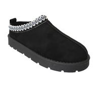 Ladies Faux Suede Aztec Embroidered Mules, Hard Sole, Faux Fur Lining (Black, UK Footwear Size System, Adult, Women, Numeric, Medium, 4)