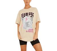 Ladies Fearless Printed T Shirt Womens Short Sleeve Crew Neck Tiger Print Tops Rock & Roll Oversized T Shirt (Beige UK 16-18)