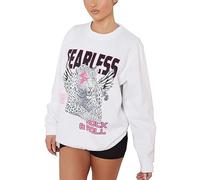 Ladies Fearless Rock & Roll Printed Sweatshirt Tiger Print Pullover Jumper Oversized Sweater White