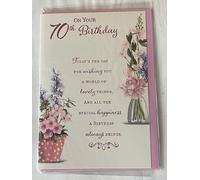 Ladies/Female Age 70 70th Seventy Seventieth On Your 70th Birthday Card Pink/Purple Flowers/Jar/Purple Words Glitter/Foil Detail(PH45848)