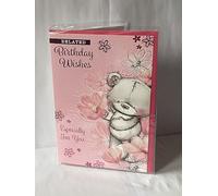 Ladies/Female/Girls Belated Birthday Wishes Especially For You Belated Birthday Card Pink-Grey Teddy/Pink Flowers Glitter/Foil Detail(PH45850B)