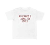 Ladies Fitted Baby Tee White Cropped T-Shirt with Red Statement Slogan Print - Womens Stage Outfit Festival Top with My Boyfriend Slogan Detail Romance Tour