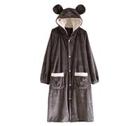 Ladies Flannel Dressing Gown Fluffy Bath Robes for Women UK Super Soft Bathrobe with Bear Ear Hood Winter Cozy Fleece Bathrobe Cute Animal Dressing Gown Nightwear with Pocket Gifts for Her