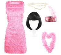 Ladies Flapper Dress - UK 16-18 - Pink Flapper Fancy Dress Costume with Matching Sequin Headband, Pearl Necklace, Bob Wig, and Feather Boa - 1920's Party Dress